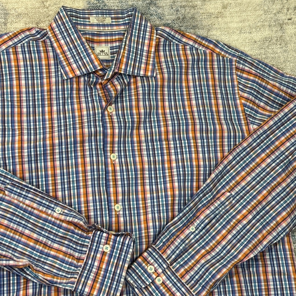 Peter Millar Mens XL Plaid Button Up Shirt‎ 100% Cotton Long Sleeve Luxury